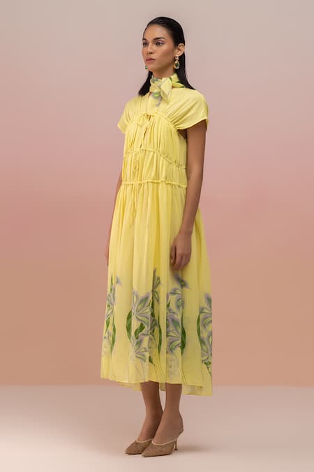 Shop Therealb Yellow Viscose Crepe Printed Leaf V Neck Placement Midi Dress Online at Aza Fashions Shop_Therealb_Yellow Viscose Crepe Printed Leaf V Neck Placement Midi Dress _Online_at_Aza_Fashions