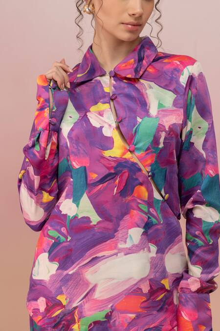 Shop Therealb Multi Color Satin Printed Abstract Collar Multicolor Shirt And Pant Set Online at Aza Fashions Shop_Therealb_Multi Color Satin Printed Abstract Collar Multicolor Shirt And Pant Set _Online_at_Aza_Fashions