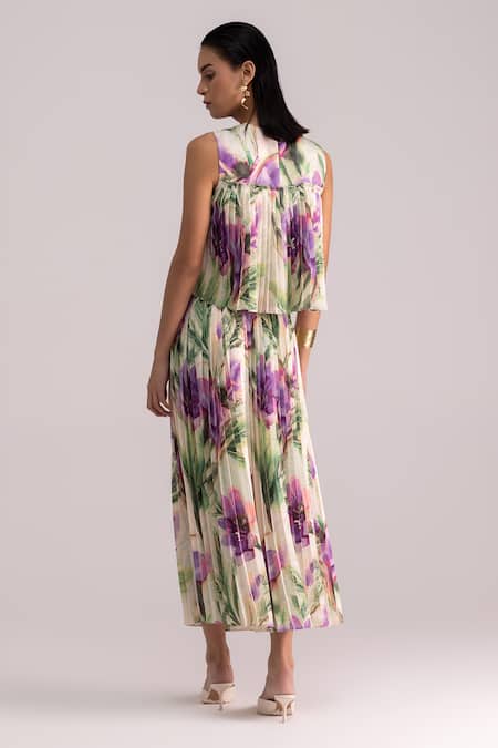Shop Therealb Multi Color Satin Round Neck Multicolor Botanical Print Top And Skirt Set at Aza Fashions Shop_Therealb_Multi Color Satin Round Neck Multicolor Botanical Print Top And Skirt Set _at_Aza_Fashions