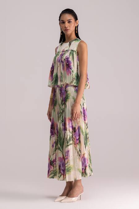 Buy Therealb Multi Color Satin Round Neck Multicolor Botanical Print Top And Skirt Set Online at Aza Fashions Buy_Therealb_Multi Color Satin Round Neck Multicolor Botanical Print Top And Skirt Set _Online_at_Aza_Fashions