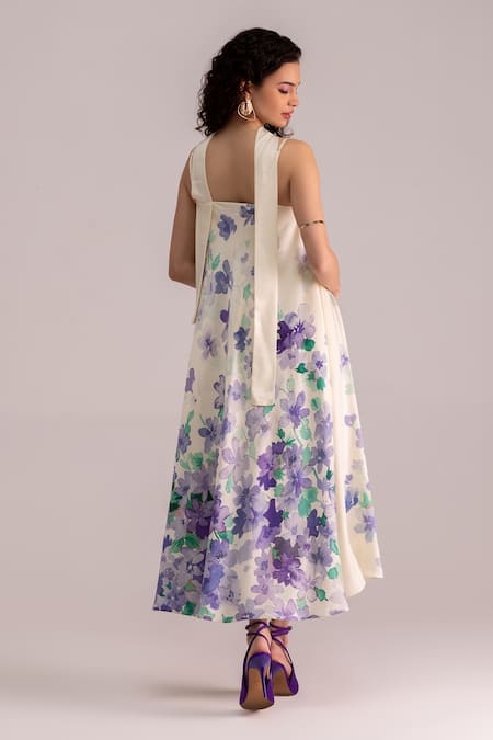 Shop Therealb Off White Satin Printed Scattered Flower Square Neck Lavender Midi Dress at Aza Fashions Shop_Therealb_Off White Satin Printed Scattered Flower Square Neck Lavender Midi Dress _at_Aza_Fashions