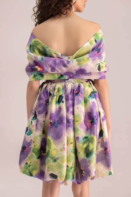 Shop Therealb Multi Color Satin Printed Abstract Floral Broad V Neck Multicolor Bow Dress at Aza Fashions Shop_Therealb_Multi Color Satin Printed Abstract Floral Broad V Neck Multicolor Bow Dress _at_Aza_Fashions