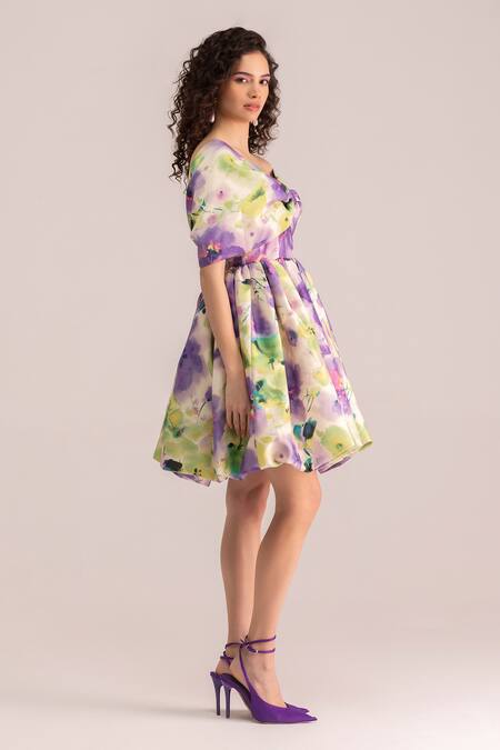 Therealb Multi Color Satin Printed Abstract Floral Broad V Neck Multicolor Bow Dress Online at Aza Fashions Therealb_Multi Color Satin Printed Abstract Floral Broad V Neck Multicolor Bow Dress _Online_at_Aza_Fashions