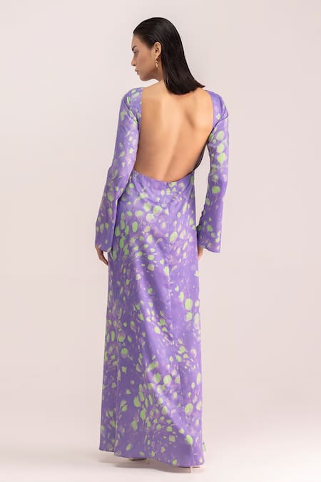 Shop Therealb Purple Satin Printed Flower Boat Neck Maxi Dress at Aza Fashions Shop_Therealb_Purple Satin Printed Flower Boat Neck Maxi Dress _at_Aza_Fashions