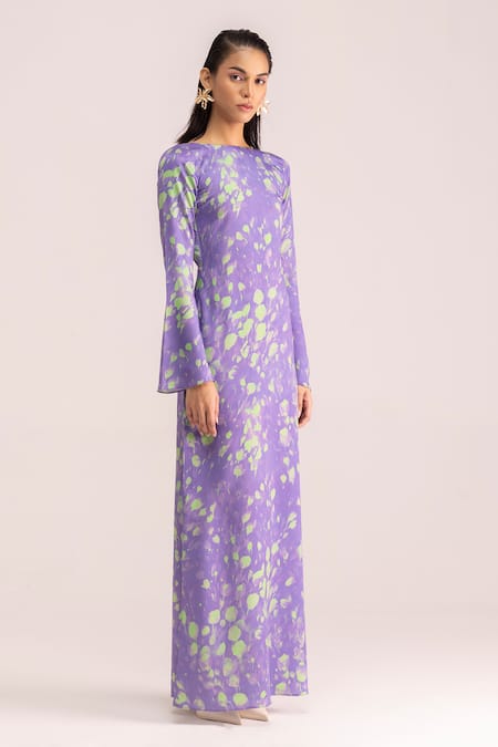 Therealb Purple Satin Printed Flower Boat Neck Maxi Dress Online at Aza Fashions Therealb_Purple Satin Printed Flower Boat Neck Maxi Dress _Online_at_Aza_Fashions
