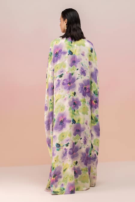 Shop Therealb Multi Color Satin Keyhole Neck Multicolor Floral Print Maxi Dress at Aza Fashions Shop_Therealb_Multi Color Satin Keyhole Neck Multicolor Floral Print Maxi Dress _at_Aza_Fashions