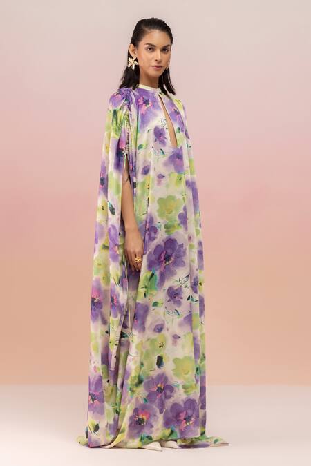 Therealb Multi Color Satin Keyhole Neck Multicolor Floral Print Maxi Dress Online at Aza Fashions Therealb_Multi Color Satin Keyhole Neck Multicolor Floral Print Maxi Dress _Online_at_Aza_Fashions