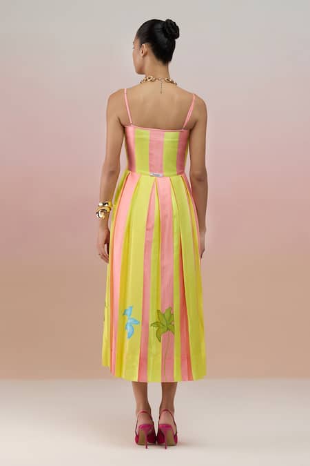 Shop Therealb Yellow Viscose Heavy Satin Printed Stripe Square Neck Midi Dress at Aza Fashions Shop_Therealb_Yellow Viscose Heavy Satin Printed Stripe Square Neck Midi Dress _at_Aza_Fashions