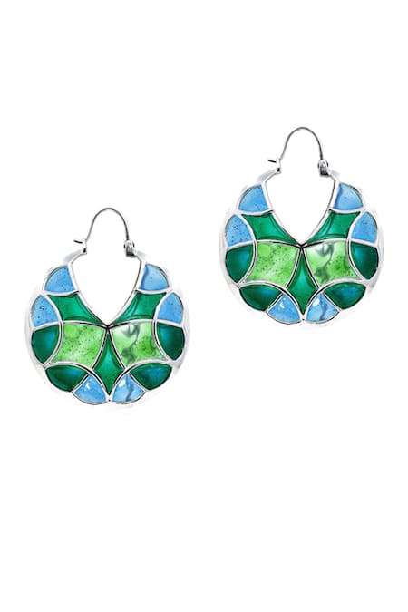 Shop_Manner_Blue Enamel Embellished Silver Hoops _at_Aza_Fashions
