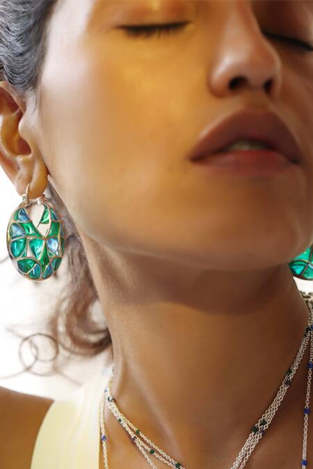 Buy_Manner_Blue Enamel Embellished Silver Hoops 