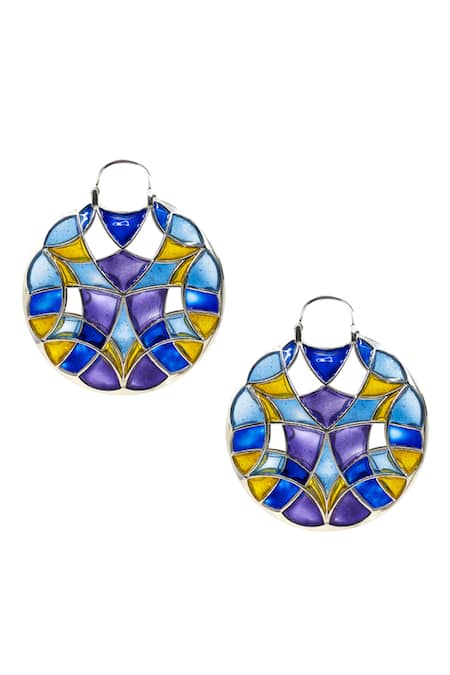 Shop Manner Blue Polychrome Enamel Hoop Earrings at Aza Fashions Shop_Manner_Blue Polychrome Enamel Hoop Earrings _at_Aza_Fashions