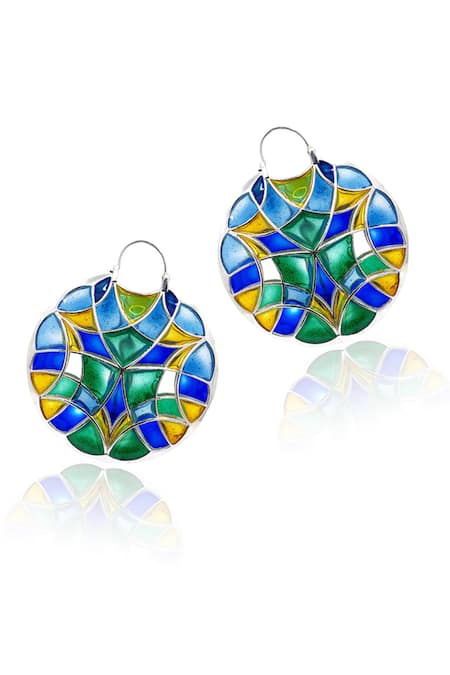 Shop Manner Blue Crystals Enamel Embellished Silver Hoop Earrings at Aza Fashions Shop_Manner_Blue Crystals Enamel Embellished Silver Hoop Earrings _at_Aza_Fashions