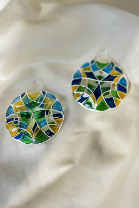 Shop Manner Blue Crystals Enamel Embellished Silver Hoop Earrings Online at Aza Fashions Shop_Manner_Blue Crystals Enamel Embellished Silver Hoop Earrings _Online_at_Aza_Fashions