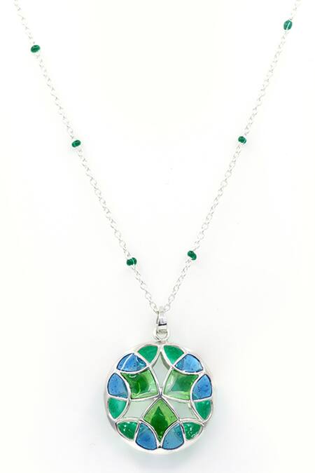 Shop Manner Blue Enamel Detailing Silver Pendant Necklace at Aza Fashions Shop_Manner_Blue Enamel Detailing Silver Pendant Necklace _at_Aza_Fashions