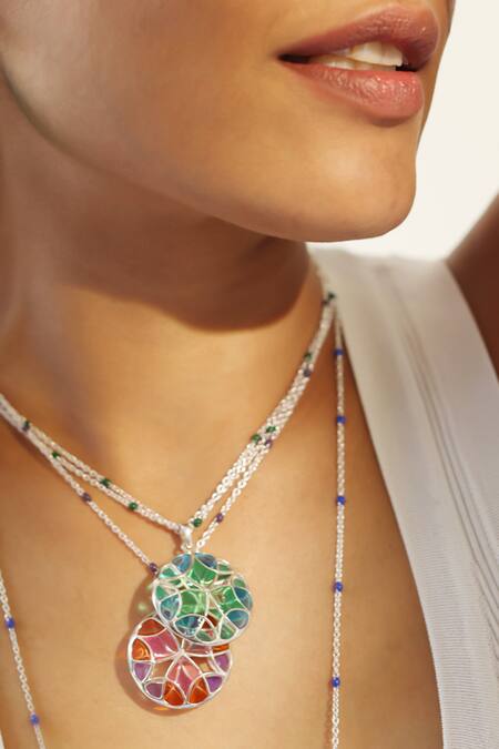Buy Manner Blue Enamel Detailing Silver Pendant Necklace Online at Aza Fashions Buy_Manner_Blue Enamel Detailing Silver Pendant Necklace _Online_at_Aza_Fashions