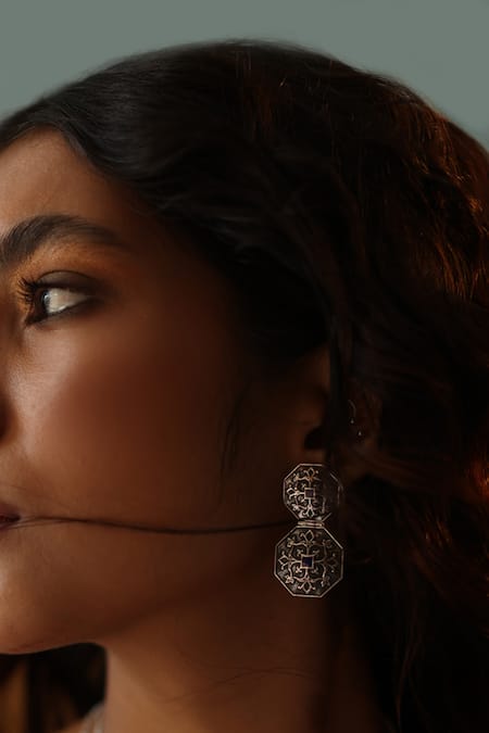 Manner Silver Plated Carved Enamelled Earrings 