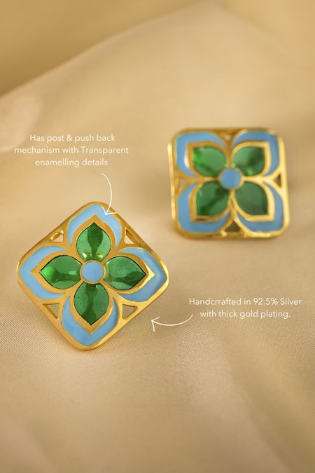 Shop Manner Blue Embroidery Chameli Enamelled Stud Earrings at Aza Fashions Shop_Manner_Blue Embroidery Chameli Enamelled Stud Earrings _at_Aza_Fashions