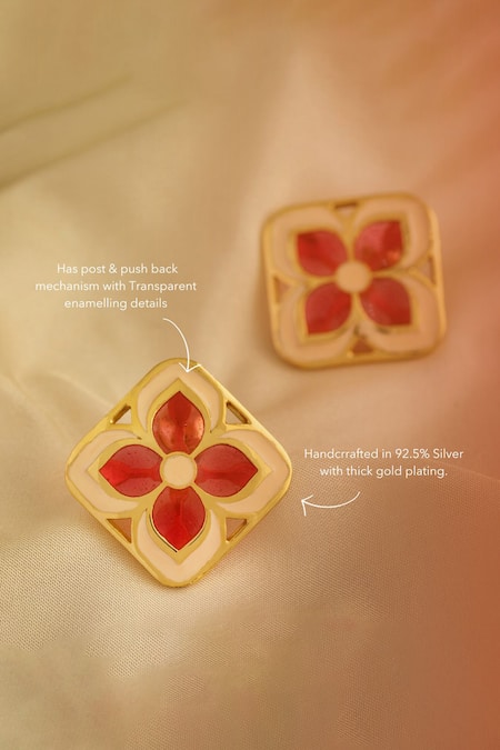 Shop Manner Red Embroidery Gold Plated Enamelled Stud Earrings at Aza Fashions Shop_Manner_Red Embroidery Gold Plated Enamelled Stud Earrings _at_Aza_Fashions