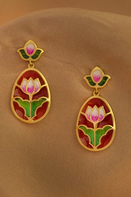 Manner Red Embroidery Gold Plated Enamelled Lotus Earrings 