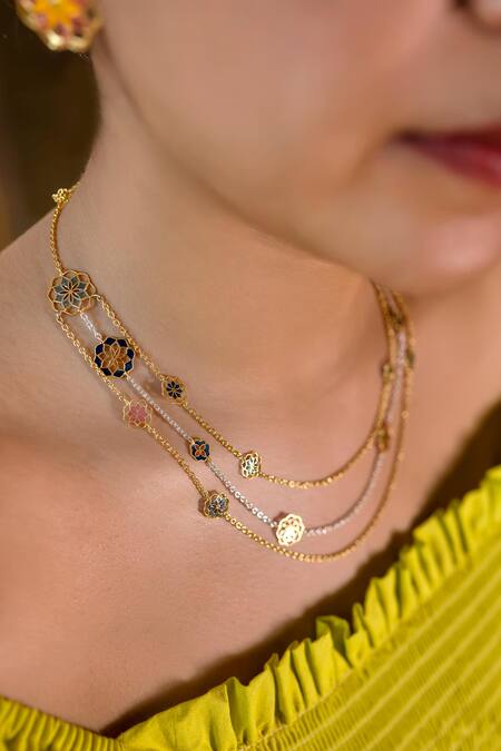 Manner_Multi Color Gold Plated Enamelled Tri Layered Necklace_Online_at_Aza_Fashions