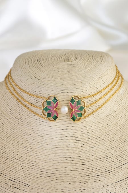 Manner Gold Plated Enamelled Blossom Choker 