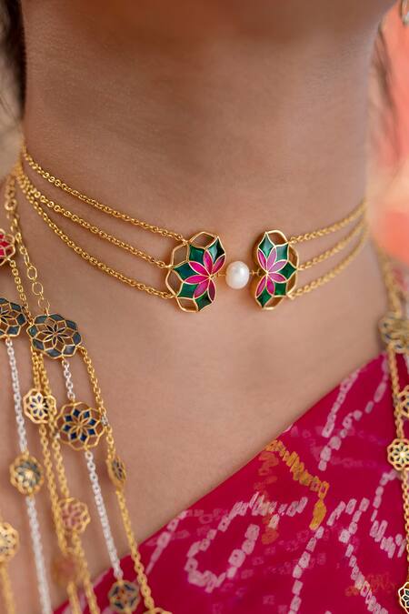 Manner_Green Gold Plated Enamelled Blossom Choker _Online_at_Aza_Fashions