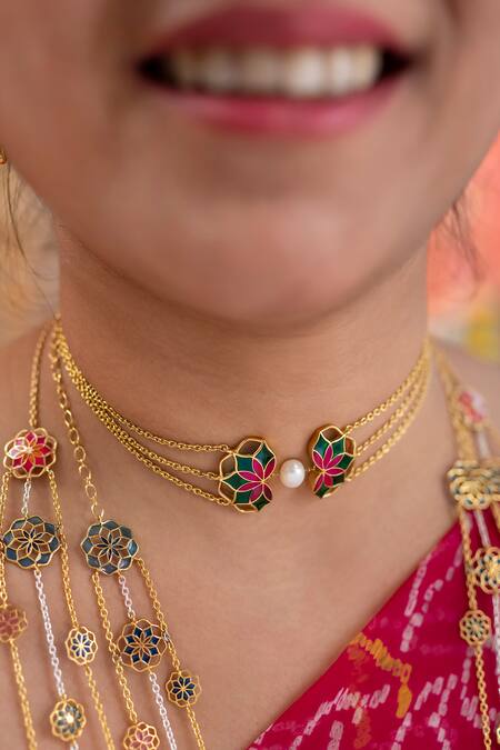 Buy_Manner_Green Gold Plated Enamelled Blossom Choker _Online_at_Aza_Fashions