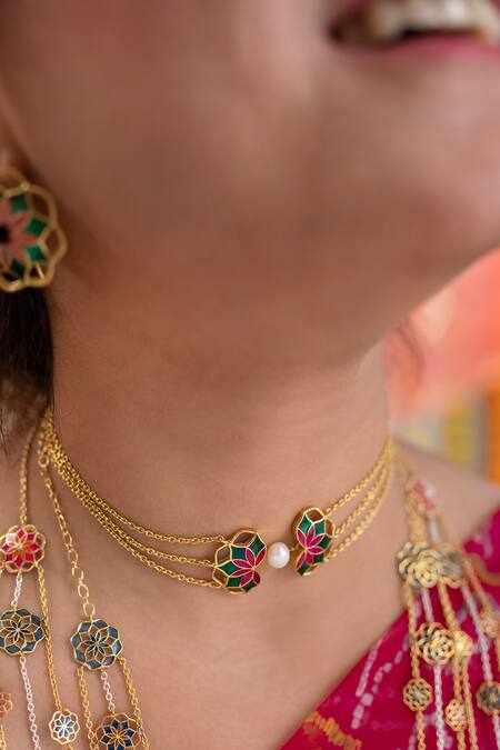 Shop_Manner_Green Gold Plated Enamelled Blossom Choker _Online_at_Aza_Fashions