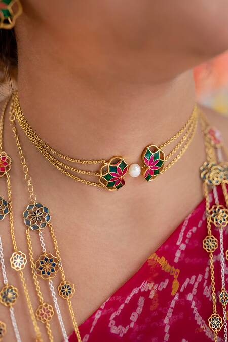 Manner_Green Gold Plated Enamelled Blossom Choker _at_Aza_Fashions