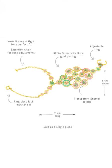 Manner_Green Zari, Embroidery Enamelled Floral Haathphool Bracelet _Online_at_Aza_Fashions