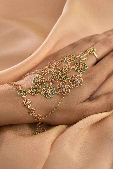Buy_Manner_Green Zari, Embroidery Enamelled Floral Haathphool Bracelet _Online_at_Aza_Fashions