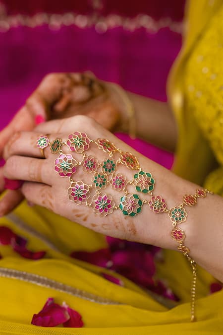 Shop_Manner_Green Zari, Embroidery Enamelled Floral Haathphool Bracelet _Online_at_Aza_Fashions