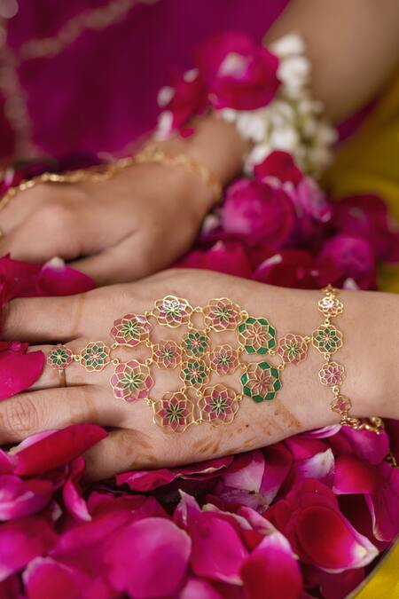 Manner_Green Zari, Embroidery Enamelled Floral Haathphool Bracelet _at_Aza_Fashions