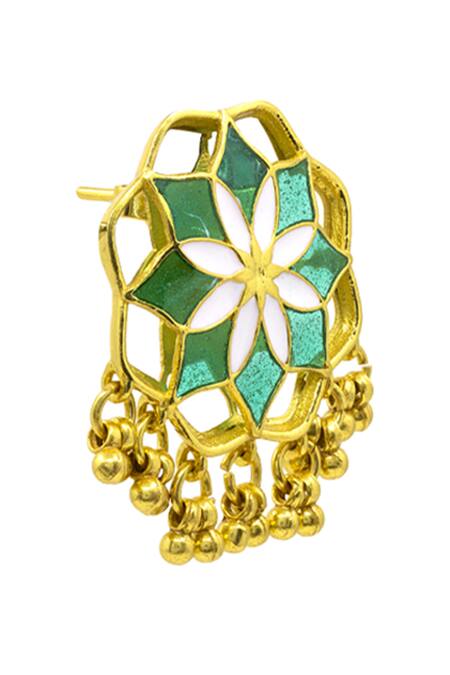 Manner Green Tassels Kumud Bloom Enamelled Stud Earrings Online at Aza Fashions Manner_Green Tassels Kumud Bloom Enamelled Stud Earrings _Online_at_Aza_Fashions