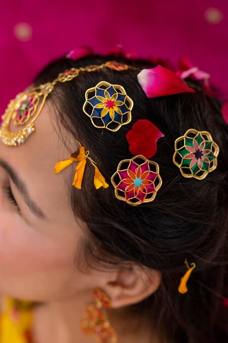 Manner Green Embroidery Floral Enamel Stud Earrings Online at Aza Fashions Manner_Green Embroidery Floral Enamel Stud Earrings _Online_at_Aza_Fashions