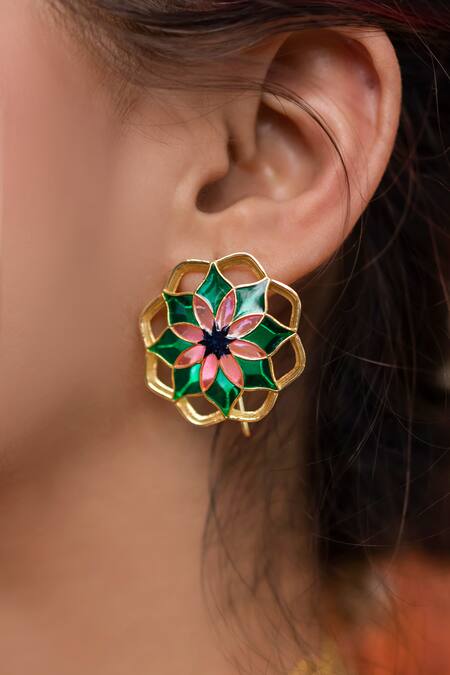 Buy Manner Green Embroidery Floral Enamel Stud Earrings Online at Aza Fashions Buy_Manner_Green Embroidery Floral Enamel Stud Earrings _Online_at_Aza_Fashions