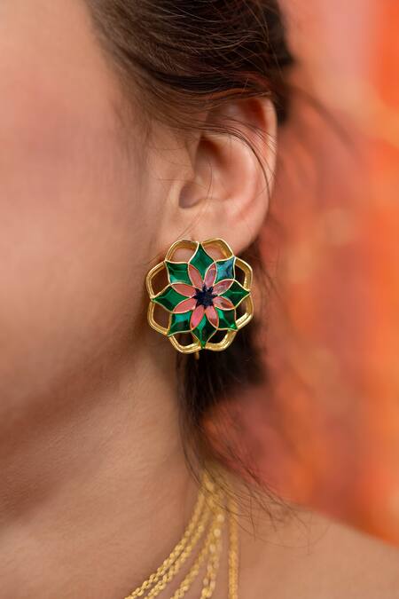 Shop Manner Green Embroidery Floral Enamel Stud Earrings Online at Aza Fashions Shop_Manner_Green Embroidery Floral Enamel Stud Earrings _Online_at_Aza_Fashions