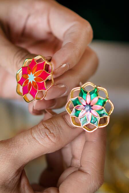 Manner Green Embroidery Floral Enamel Stud Earrings at Aza Fashions Manner_Green Embroidery Floral Enamel Stud Earrings _at_Aza_Fashions