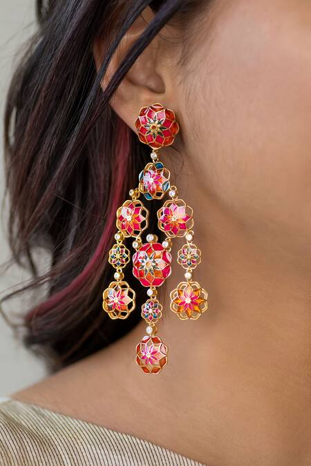 Manner_Pink Stones Floral Cut-out Enamel Dangler Earrings _Online_at_Aza_Fashions