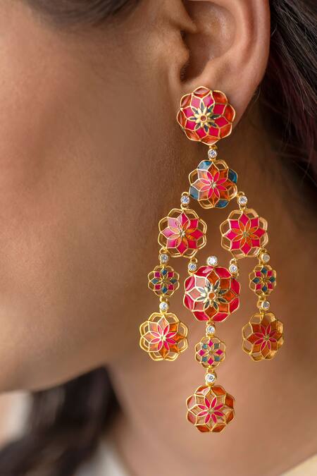 Buy_Manner_Pink Stones Floral Cut-out Enamel Dangler Earrings _Online_at_Aza_Fashions