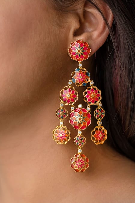 Shop_Manner_Pink Stones Floral Cut-out Enamel Dangler Earrings _Online_at_Aza_Fashions