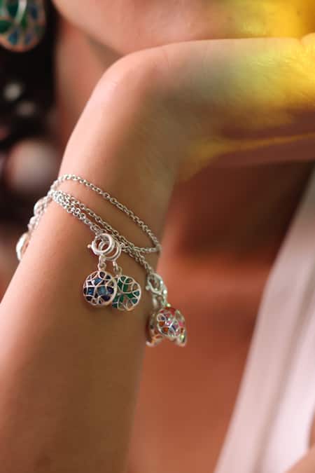 Manner_Silver Plated Beads Floral Charm Enamel Bracelet _Online_at_Aza_Fashions
