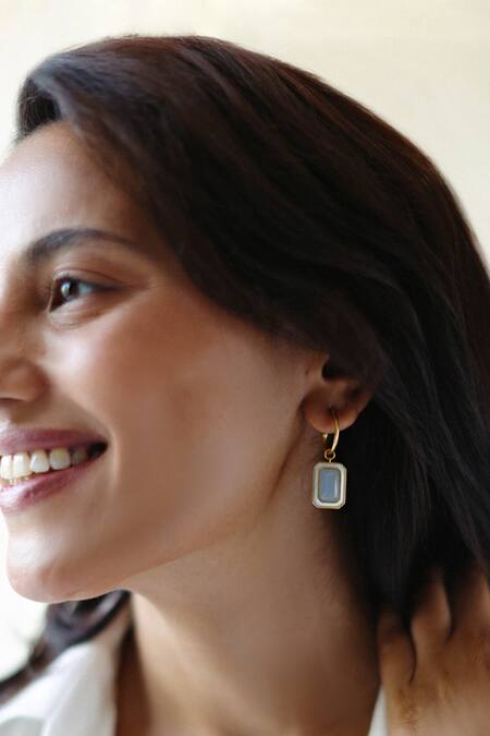 Manner_Blue Stones, Beads Gold Plated Calcedony Danglers _at_Aza_Fashions