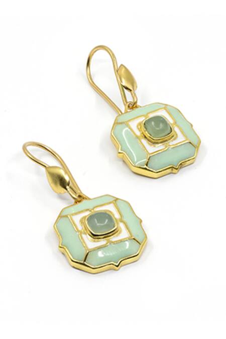 Manner_Green Stones, Cut Work Sea Breeze Calcedony Earrings _Online_at_Aza_Fashions
