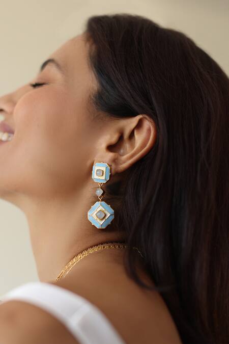 Buy_Manner_Blue Stones Gold Plated Calcedony Dangler Earrings _Online_at_Aza_Fashions