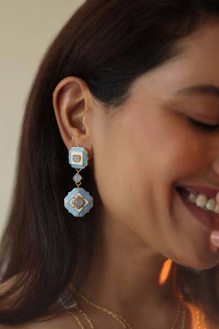 Shop_Manner_Blue Stones Gold Plated Calcedony Dangler Earrings _Online_at_Aza_Fashions