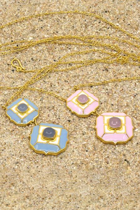 Buy_Manner_Blue Geometric Calcedony Pendant Necklace _Online_at_Aza_Fashions