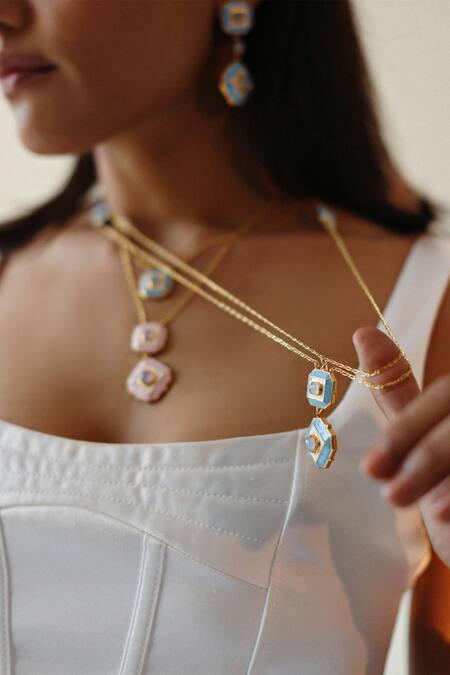 Shop_Manner_Blue Geometric Calcedony Pendant Necklace _Online_at_Aza_Fashions