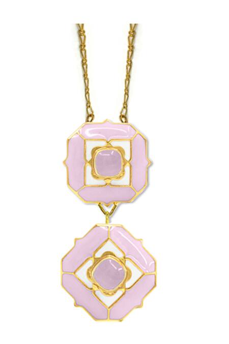 Manner_Pink Geometric Rose Quartz Pendant Necklace _Online_at_Aza_Fashions