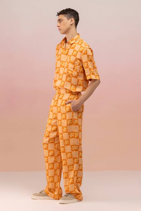 Therealb_Peach Viscose Crepe Print Checkered Bloom Shirt And Pant Set _Online_at_Aza_Fashions